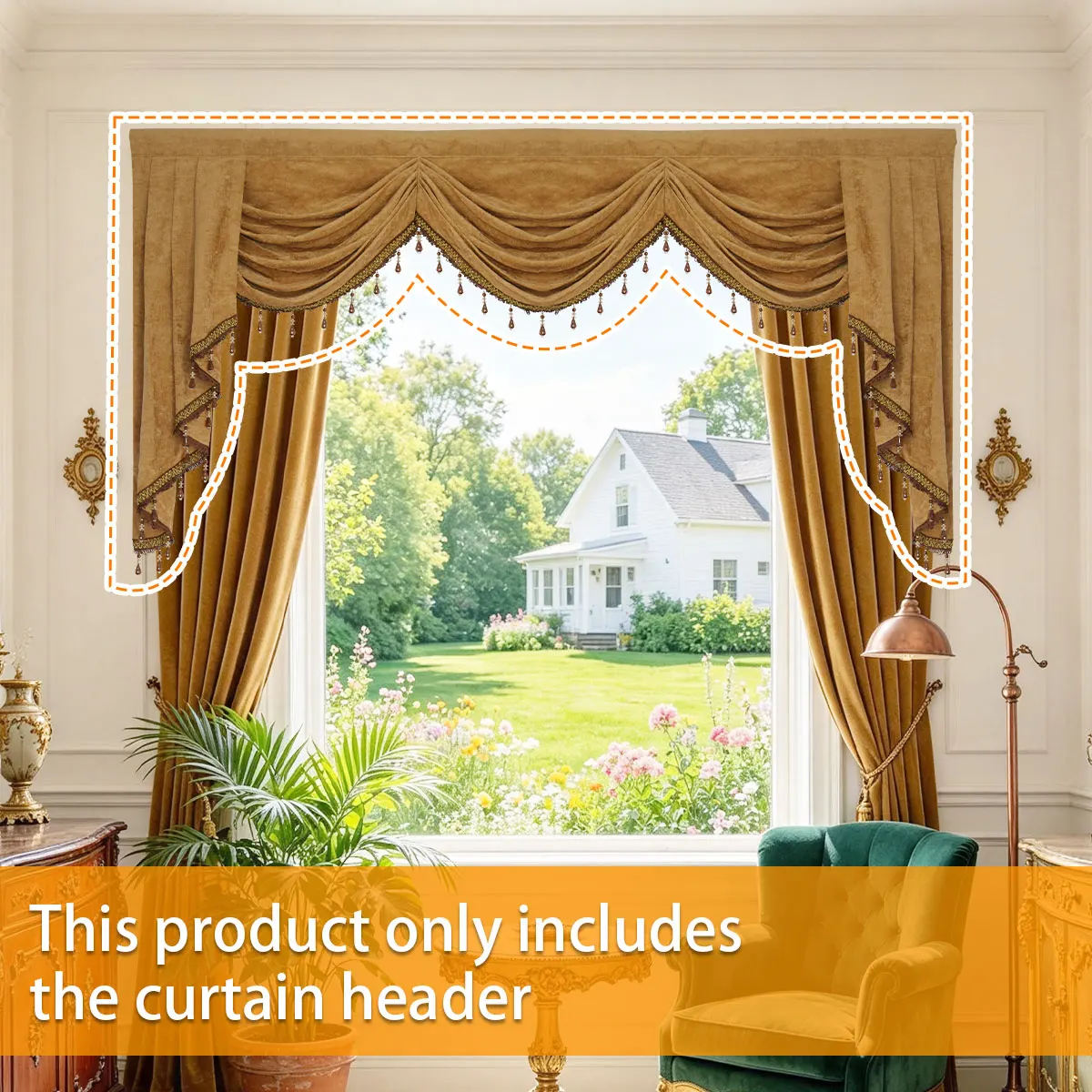 1 Piece Caramel Velvet Swag Curtain Valance, European Classic American Luxury Style, Bead Tassel Trim Decorative Window Header f