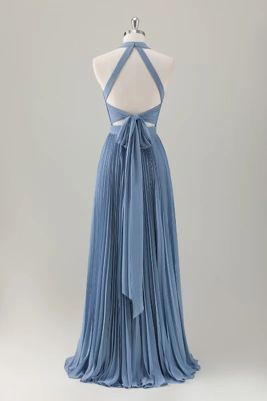 Di alta Qualità Personalizzato Halter Piano Lunghezza Piega Senza Maniche Backless Abiti Para Bodas Mujer Invitada Abiti Da Festa فستان