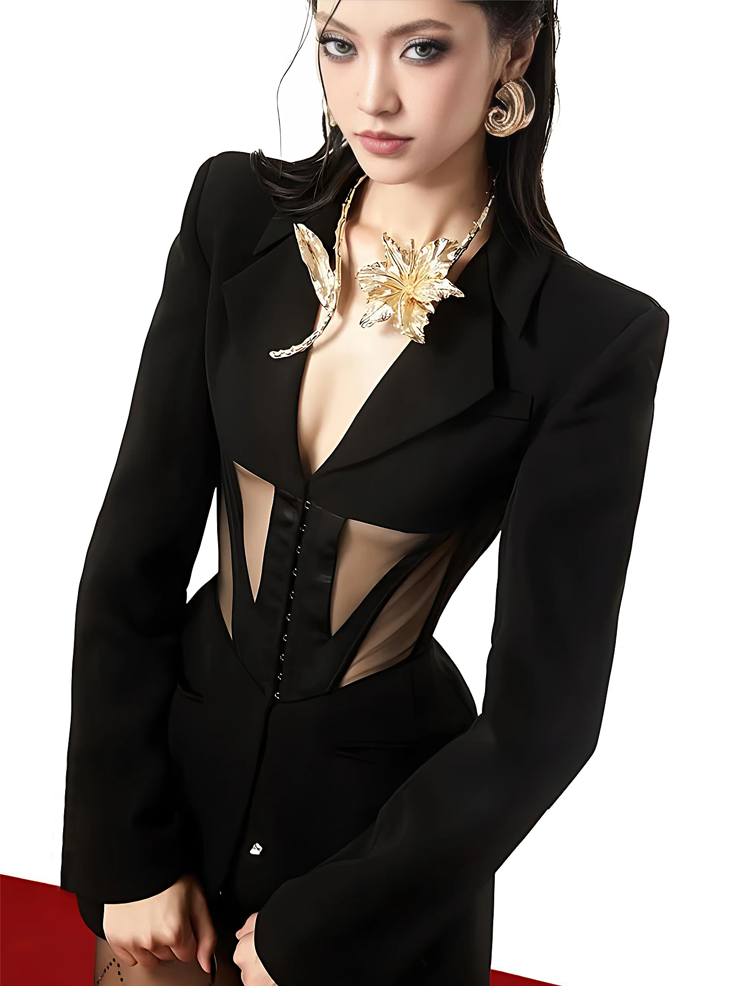 VGH Sexy Spicy Girl Black Long Sleeve Shoulder Pad Suit Jacket Fishbone Mesh Splice Waist Cinch Dark Button Western Top