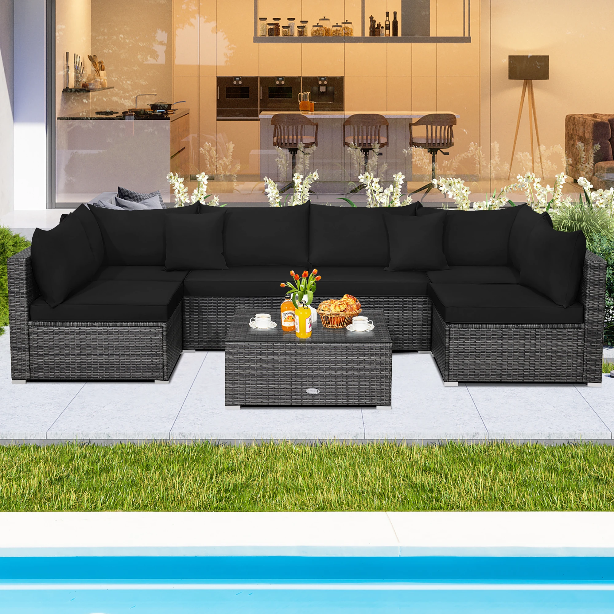 7PCS  Rattan Furniture Set Sectional Sofa Cushioned  Black