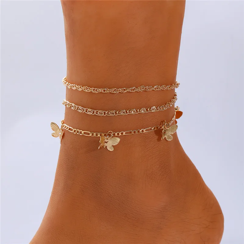 Gold Color Anklets Set for Women, Butterfly, Star, Heart Pendant, Bohemia Vintage,Foot Bracelet, Beach Jewelry, Exquisite