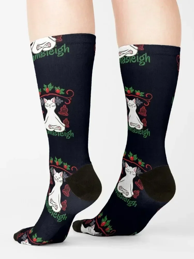 Namasleigh - Cat Yoga Christmas Humor Socks crazy ankle Christmas custom Designer Man Socks Women's