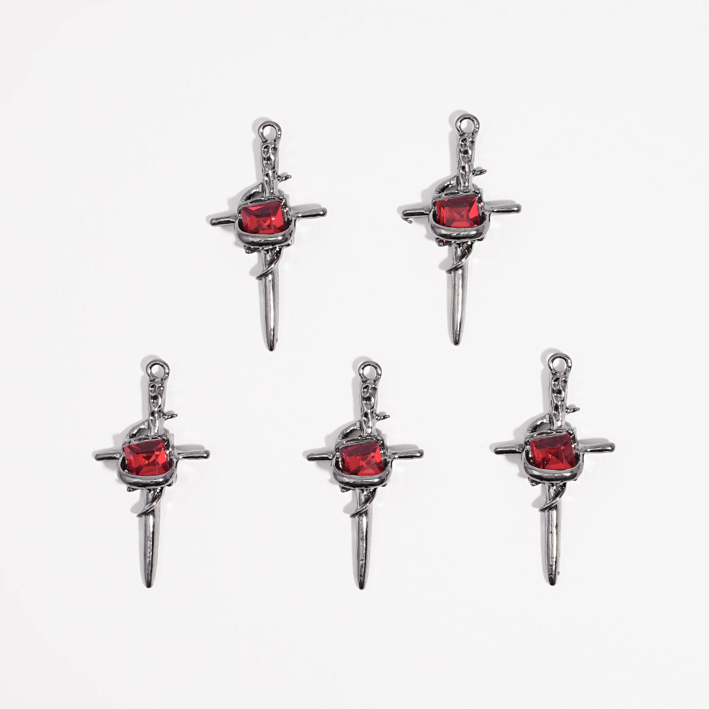 10pcs Gothic Thorn Sword Cross Pendant, Inlaid with Red Quadrilateral Brick, Silver Pendant Necklace, Bracelet Jewelry Accessori