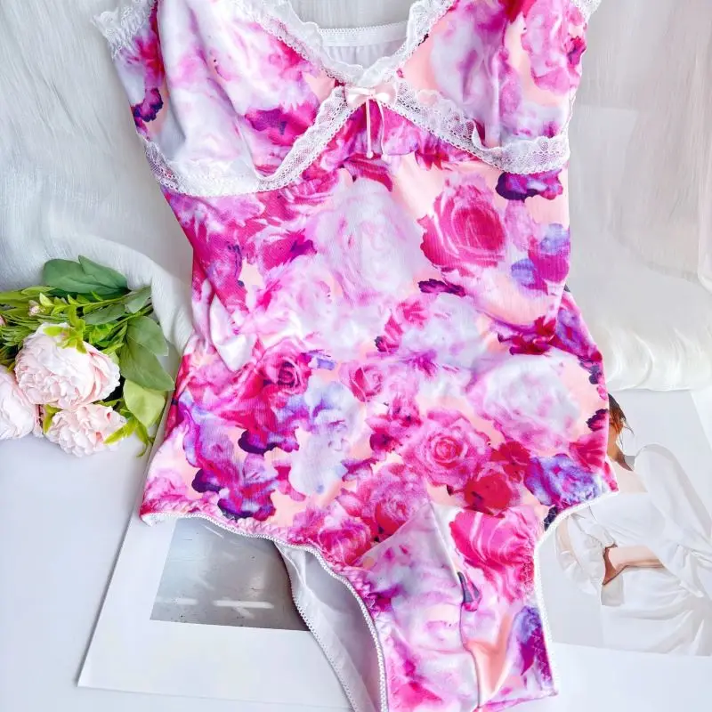 Men Lace Trim Camisole Convex Pouch Jumpsuit Swimsuit Floral Print Cross-dressing Bodysuit Underwear Sweet Slim Sissy One Piece
