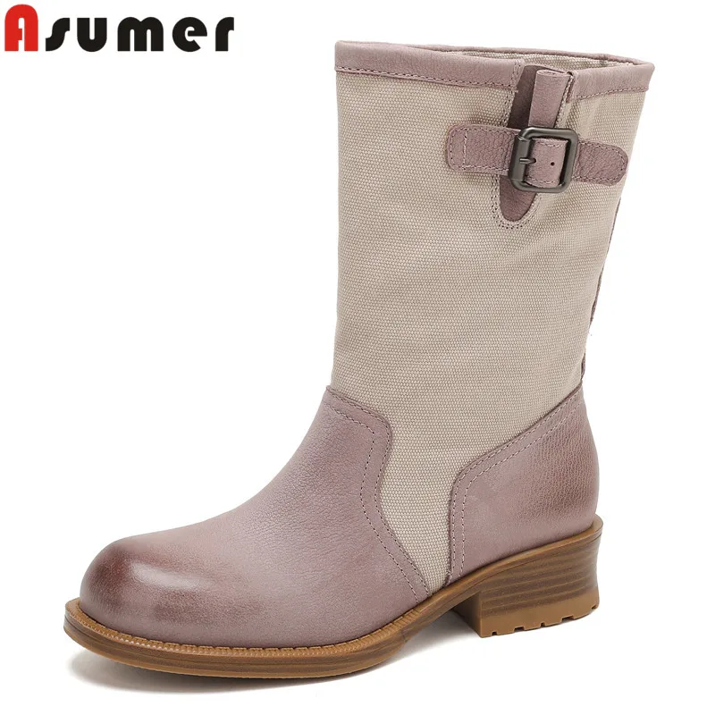 MORAZORA 2027 New Genuine Leather Boots Women Buckle Square Mid Heels Mid Calf Boots Autumn Winter Half Western Boots