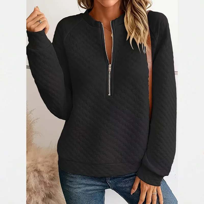 

Women's Plus-Size Elegant Textured Jacquard Half-Zip Crew Neck Long-Sleeve Sweatshirt, Fashionable Casual Urban Style Everyday Versatile Top