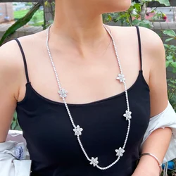 ThreeGraces New Trendy Cubic Zirconia Silver Color Flower Shape 82cm Long Sweater Necklace for Women Bridal Party Jewelry PN157