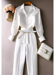 White Trousers 2 Pieces Loose Pants Suit Womens Two Peice Sets Vintage Long Sleeve Shirt Autumn Blouse Sleeve Korean Top