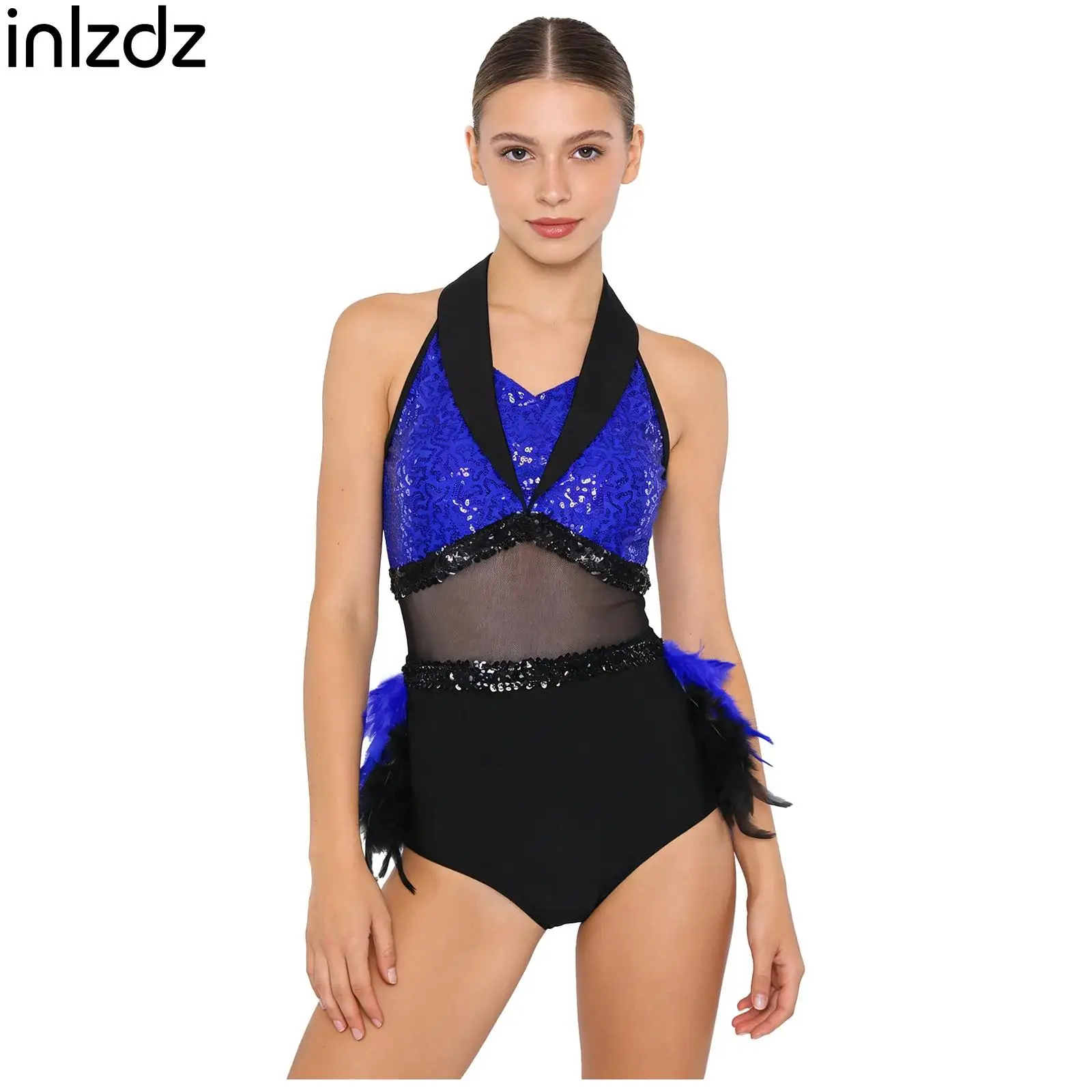 

Womens Sleeveless Sequin Feathed Dance Leotard Bodysuit for Gymnastics Figure Ice Skating Jazz Latin Rumba Cha-cha Dance Costume