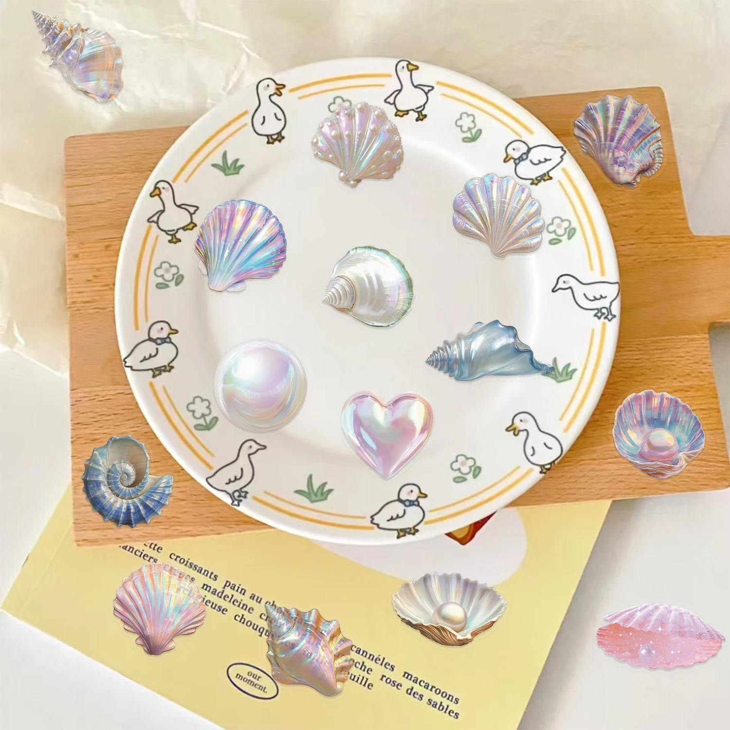 50 ชิ้นการ์ตูนเปลือกหอยกราฟฟิตี้สติกเกอร์ PET เปลือกหอยมุก DIY ตกแต่งสำหรับเด็กรางวัลเครื่องเขียนโน๊ตบุ๊คถ้วยน้ำกันน้ำ