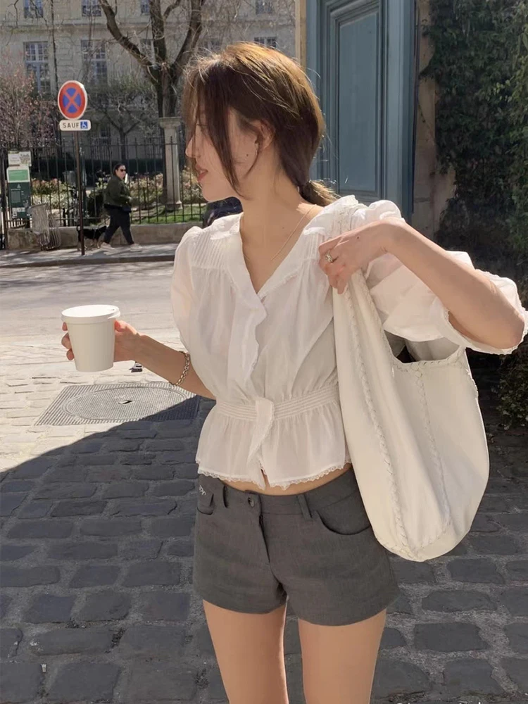 

Loose Women's Lace Trim Folded irt Tanat Sle Cotton V-ne ort Sve Breathable Comfortable Commute Faion