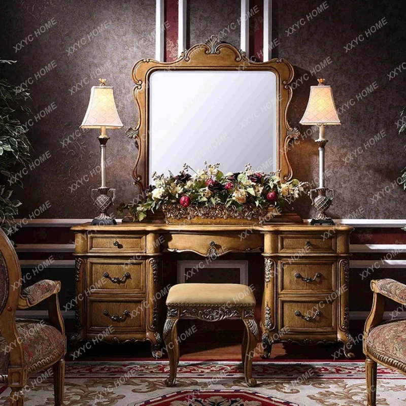 

Q Retro Solid Wood Dressing Table Combination -Style Carved Complete Set Dresser