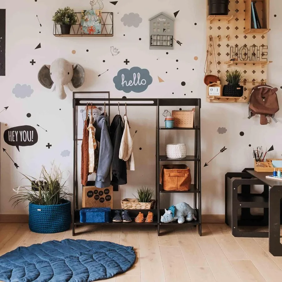 s Wardrobe - Wooden Clothes Rack with Hanging Rail Display Shelf for - DIY Dressing Furniture Open Closet for Easy to Assemble