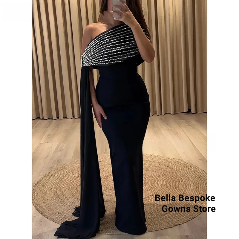 

Black Evening Dress Customized Wrap One Shoulder Bead Crystals Prom Dresses with Sweeping Side Draped Sheath Party Gown