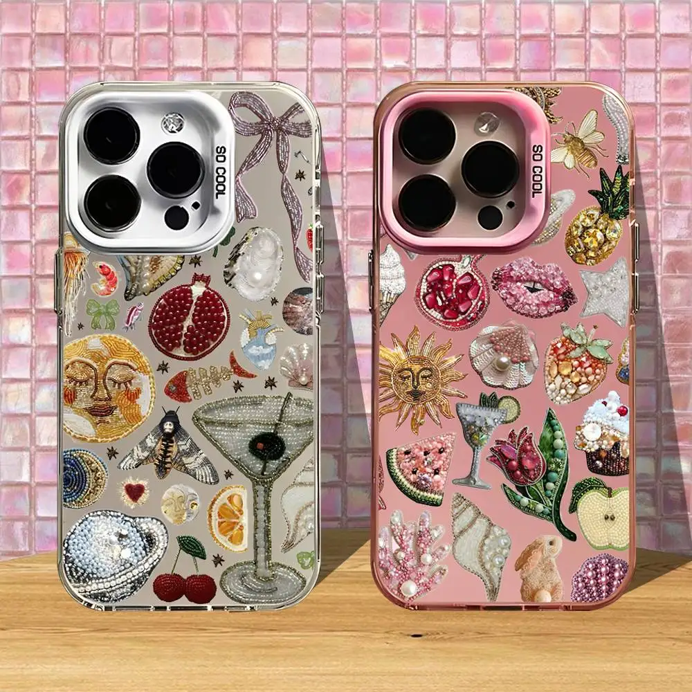 

Fashion Crystal Shiny Collage Phone Case For iPhone 16,15,14,13,12,11,Pro,XS,Max,Plus,Mini,SE White Pink Matte Shockproof Cover