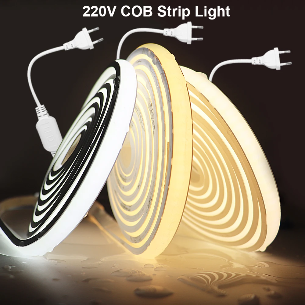 

1-100M High Bright COB LED Strip Light Waterproof 220V 288leds/M CRI RA90 Outdoor FOB LED Tape EU Plug Garden Kitchen Home Decor