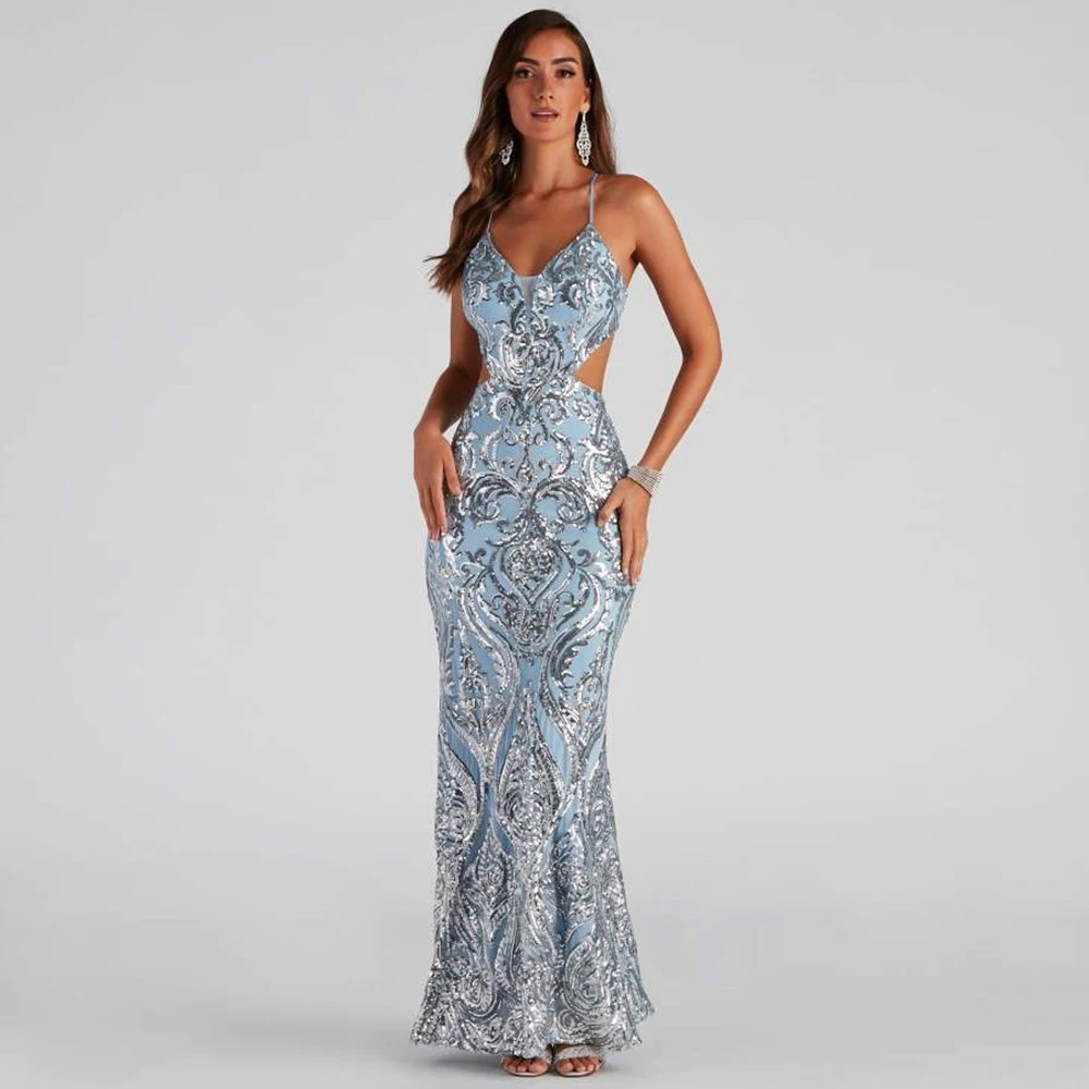 Exquisite Sequined Baby Blue Mermaid Dress Evening Spaghetti Straps Backless Sweetheart Sexy Women Special Occasion Gowns