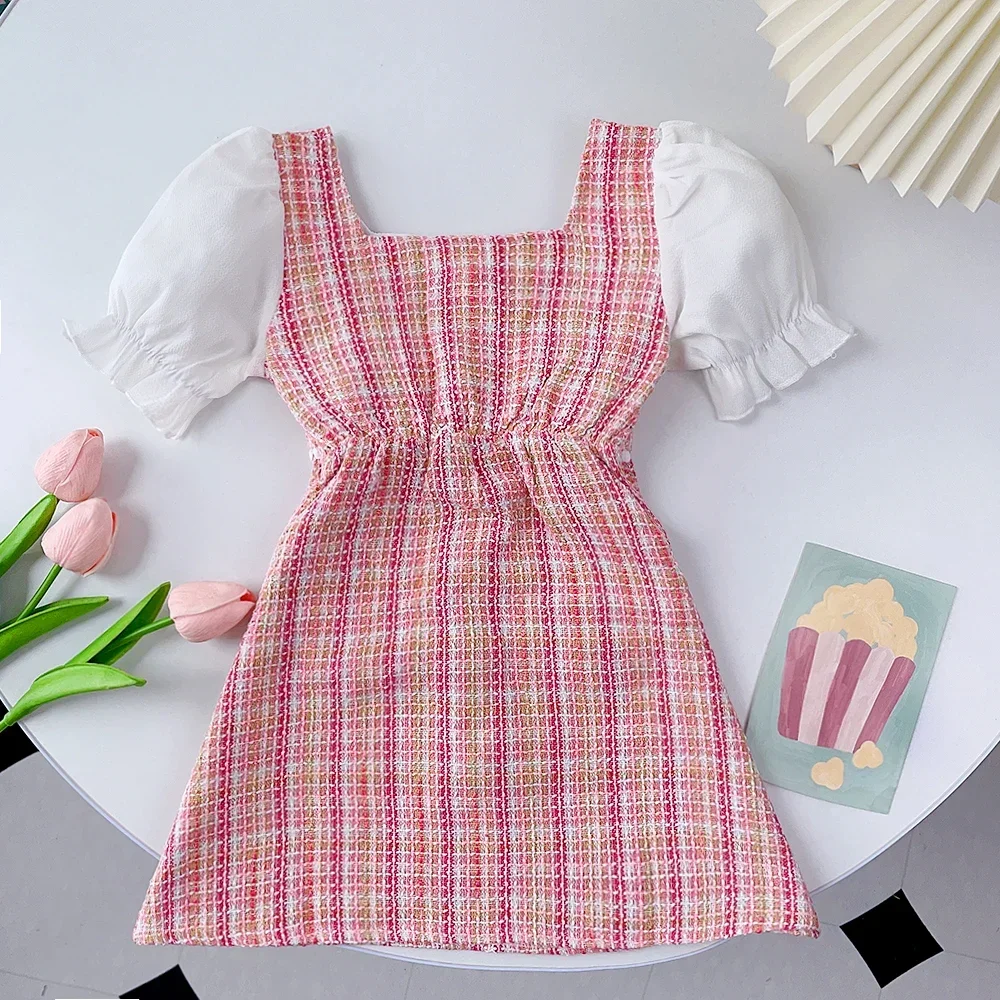 Fashion Girl Korean Style Floral Pearl Button Small Leather Ball Decoration Fragrant Bubble Sleeve Dress Girls Clothes