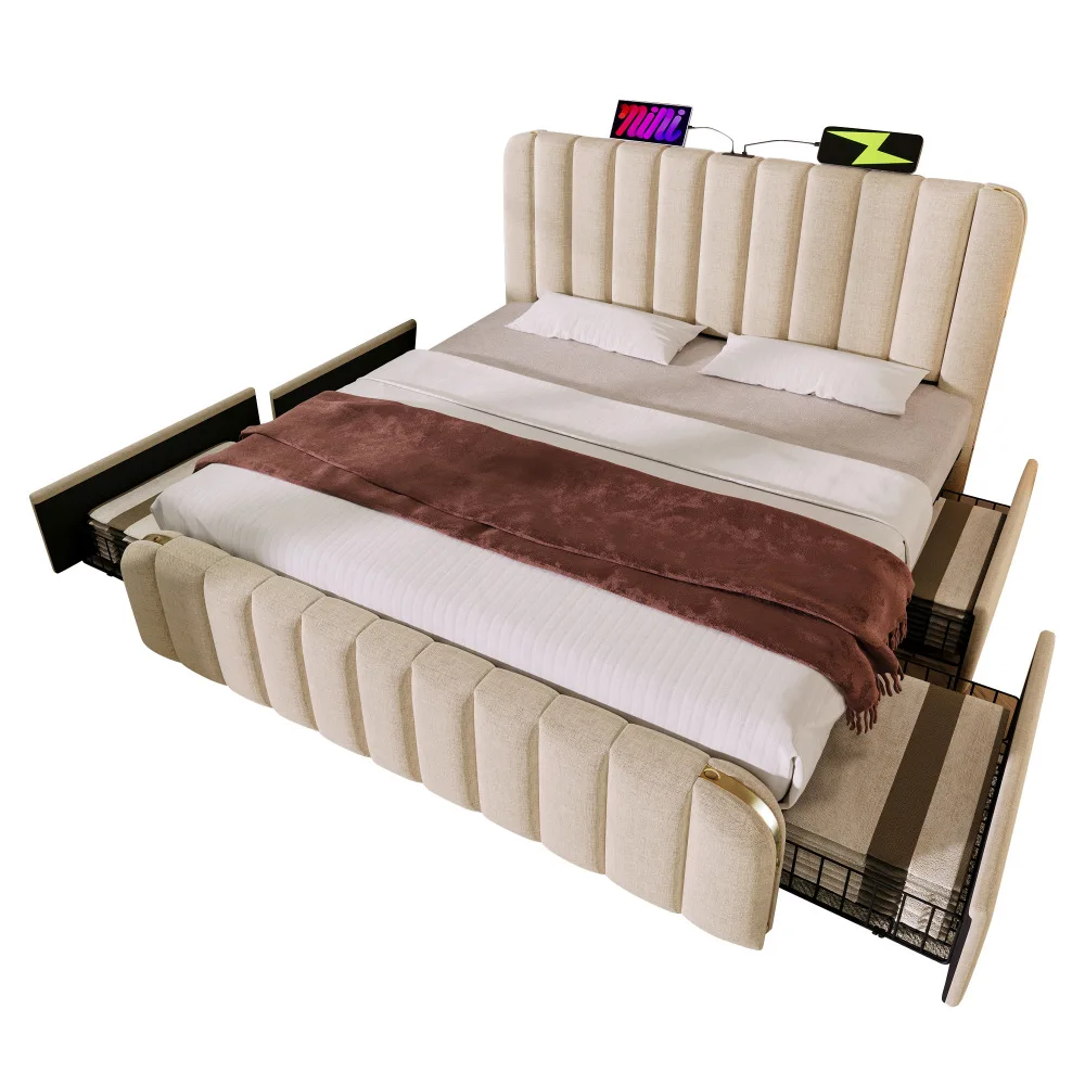 PINGGO Gepolstertes Doppelbett 180x200cm Beige Leinen-Kopfteil Goldene Dekorative Streifen USB Typ-C-Ladefunktion 4 Schubladen Ohne Matratze – Detail 8