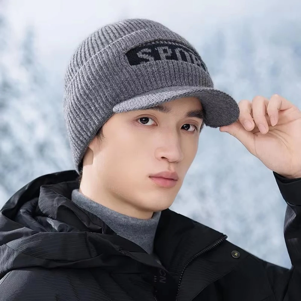 

Men's Winter Hats Lining Thickened Warm Cold-proof Windproof Wool Hat Ear Protection Trendy Riding Knitted Cap