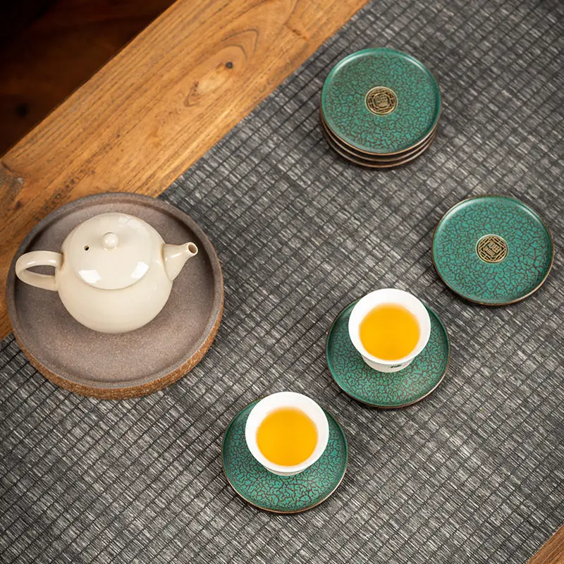 Nordic Gold Plated Dark Green Ceramic Coaster Home Tea Cup Tea Set Accessories Mini Small Tray Home Decoration Porcelain Crafts