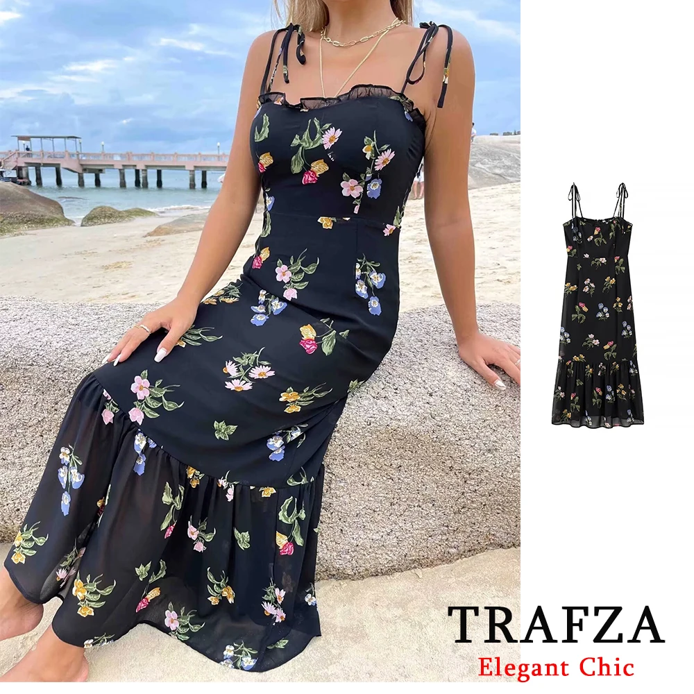 TRAFZA-Vestido Midi com estampa vintage feminino, Beach Party, Feriado, Evening Fashion, Camiseta de verão, 2024