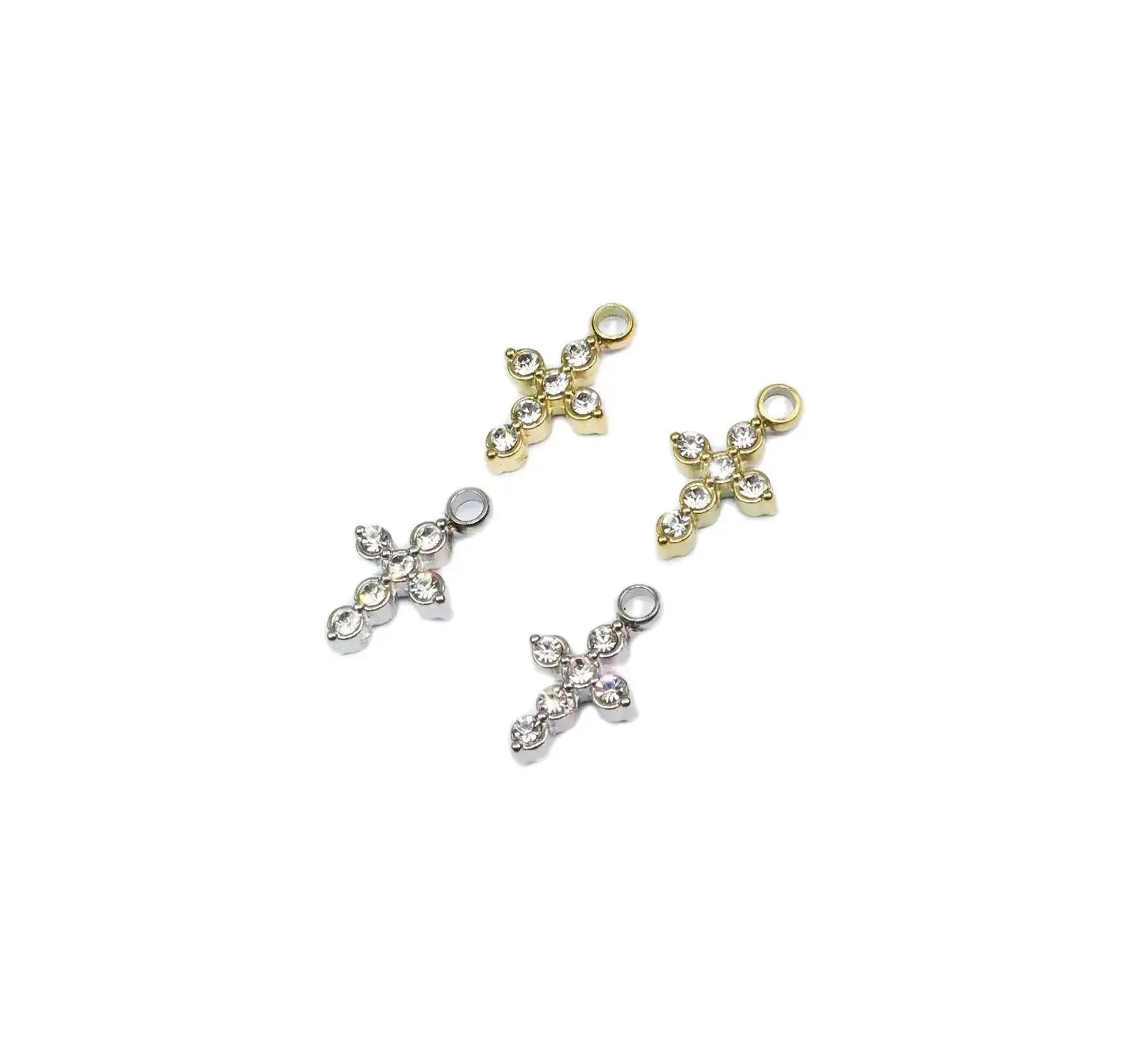 5pcs Wholesale Stainless Steel Rhinestone Mini Cross Charms Pendant Girl DIY Necklace Earrings Bracelets Vacuum Plate Unfading