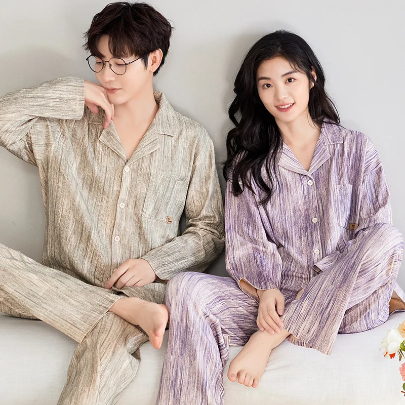 Couple Cardigan Sleepwear Autumn Long Sleeve Long Pants 100% Cotton Pajamas Set for Men Woman Fashion Loungewear Young Lover Pjs