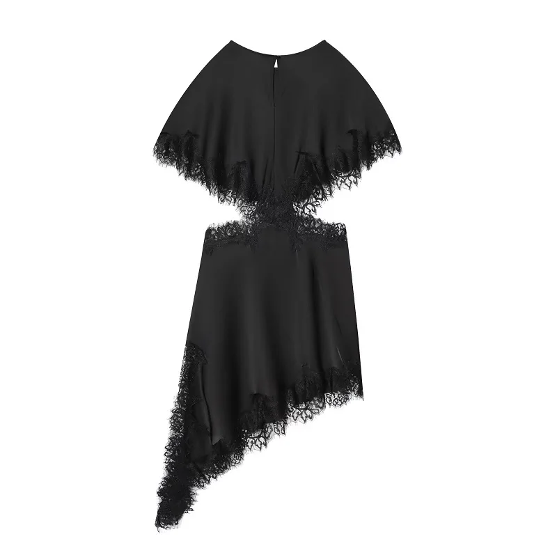 MUJER Cut out Lace Dress Woman Black Asymmetric Midi Dresses for Women Sexy Evening Women's Dresses Cape Sleeve Dress Female
