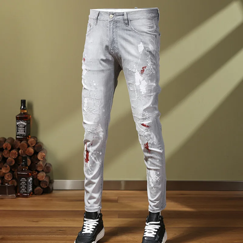 Fashion Motorcycle Jeans Pants Splash Ink Slim Men Jeans Hip Hop Vintage Men Jeans Men Los Hombres Jeansv America Streetwear