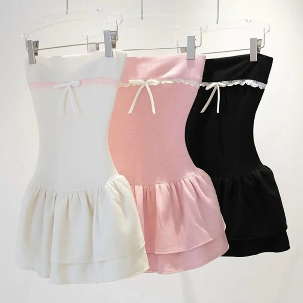 Bowknot Strapless Dress Sexy Cute Stitching Ruffle Short Skirt Slim Waist Contrast Color Mini Dress