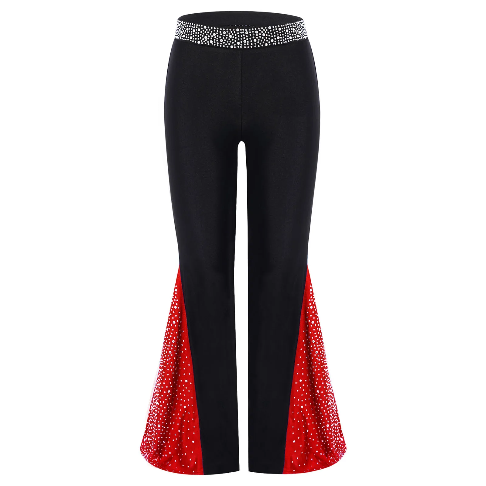 

Kids Girls Figure Skating Dance Pants Elastic Waistband Shiny Rhinestones Color Block Bell-Bottomed Pants Belly Jazz Costume