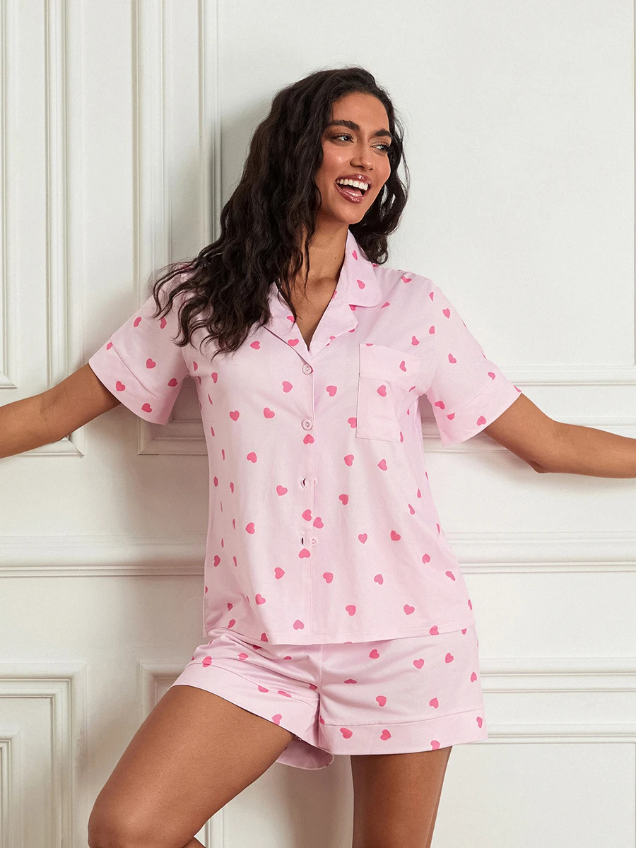 Women Valentine's Day Pajamas Set Cute Heart Print Short Sleeve Shirt and Shorts Lounge Set Coquette Pjs Sleepwear