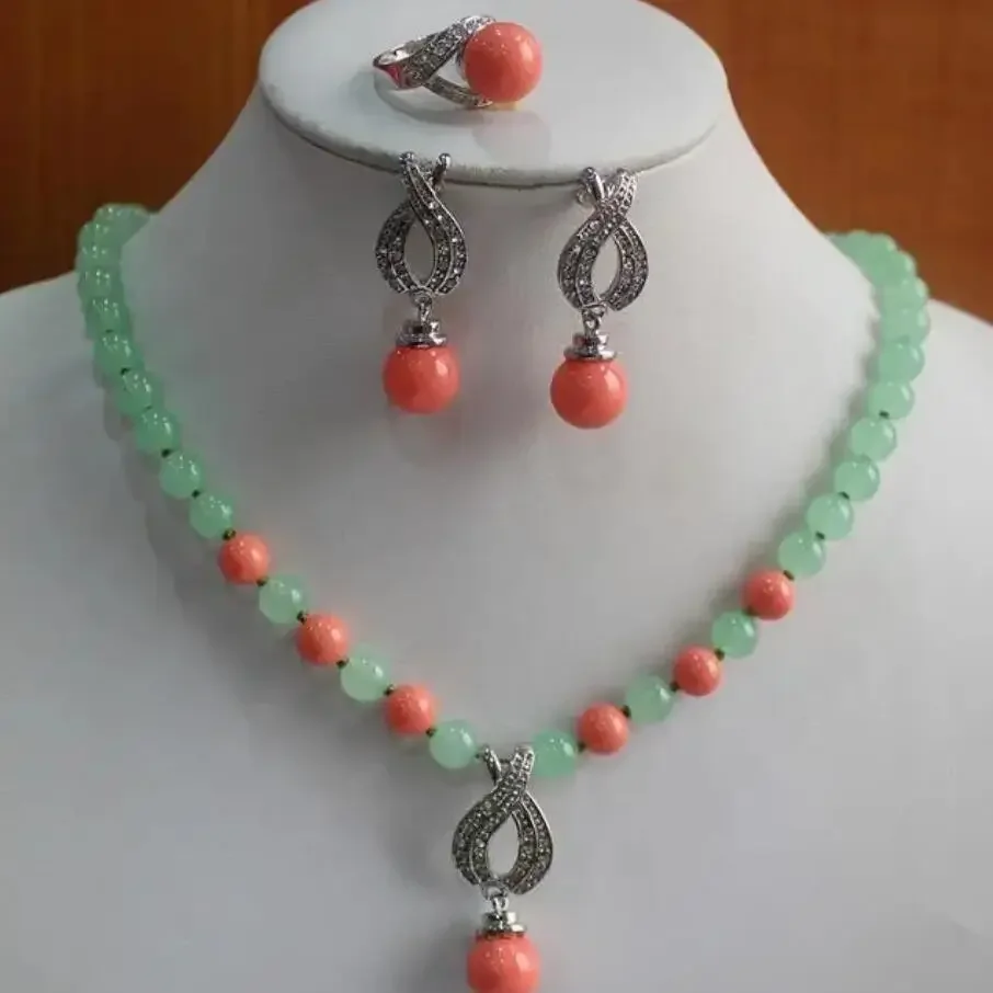 

Fashion design 8mm Dongling stone + Pink Necklace Pendant + Earrings + Ring Set