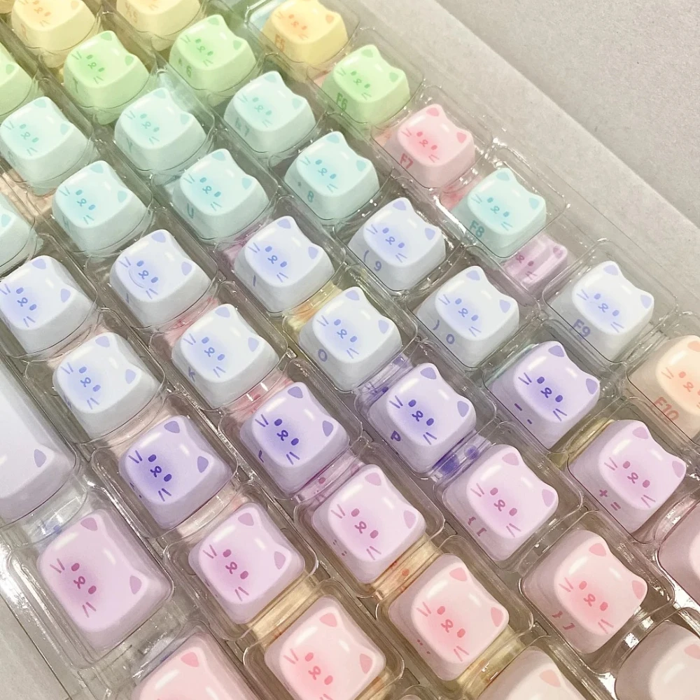 

Colourful Candy Cat Theme Keycap MAO Profile PBT Side Engraved Keyboard Caps Macaron Gradient Meow Head Cute Keycaps Girls Gifts