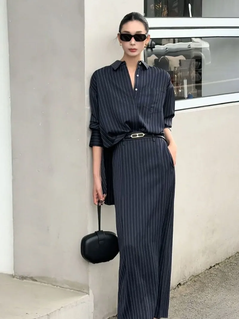 

New Fashion Striped Women's Suit Autumn High End Elegant Slim Long Sleeve Shirt Top + High Waist Long Skirt Office Lady Suit