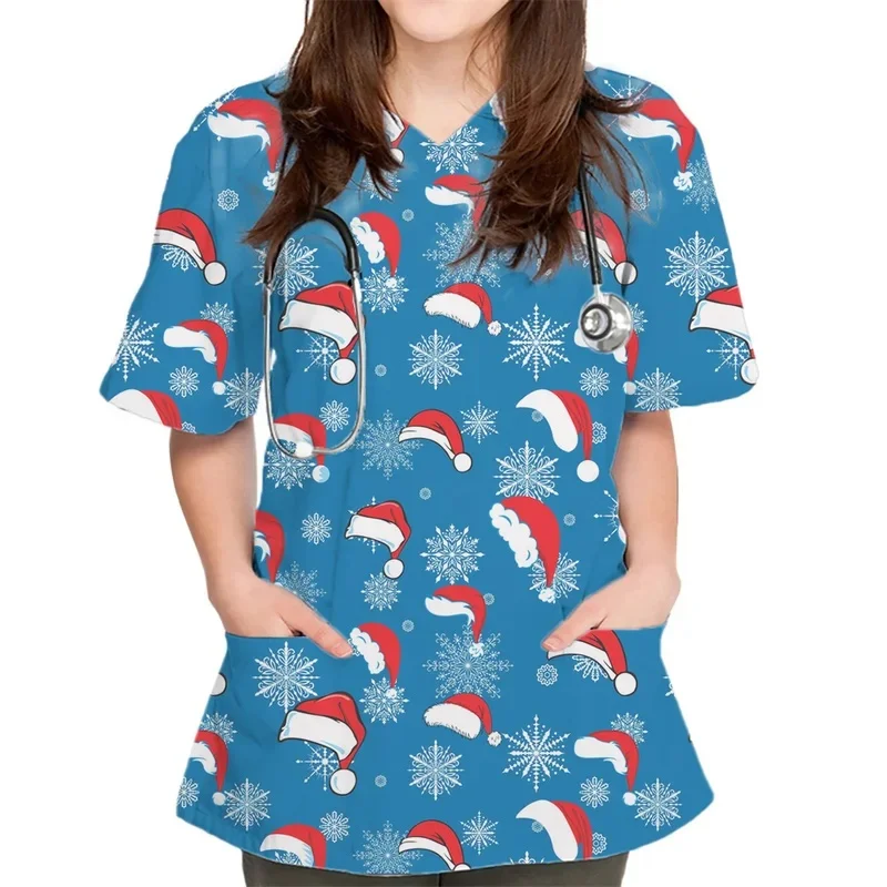 Women's Christmas Print Clinical Uniform, Nurse Clothing V-Neck Short Sleeve Pockets Nurses Uniform
