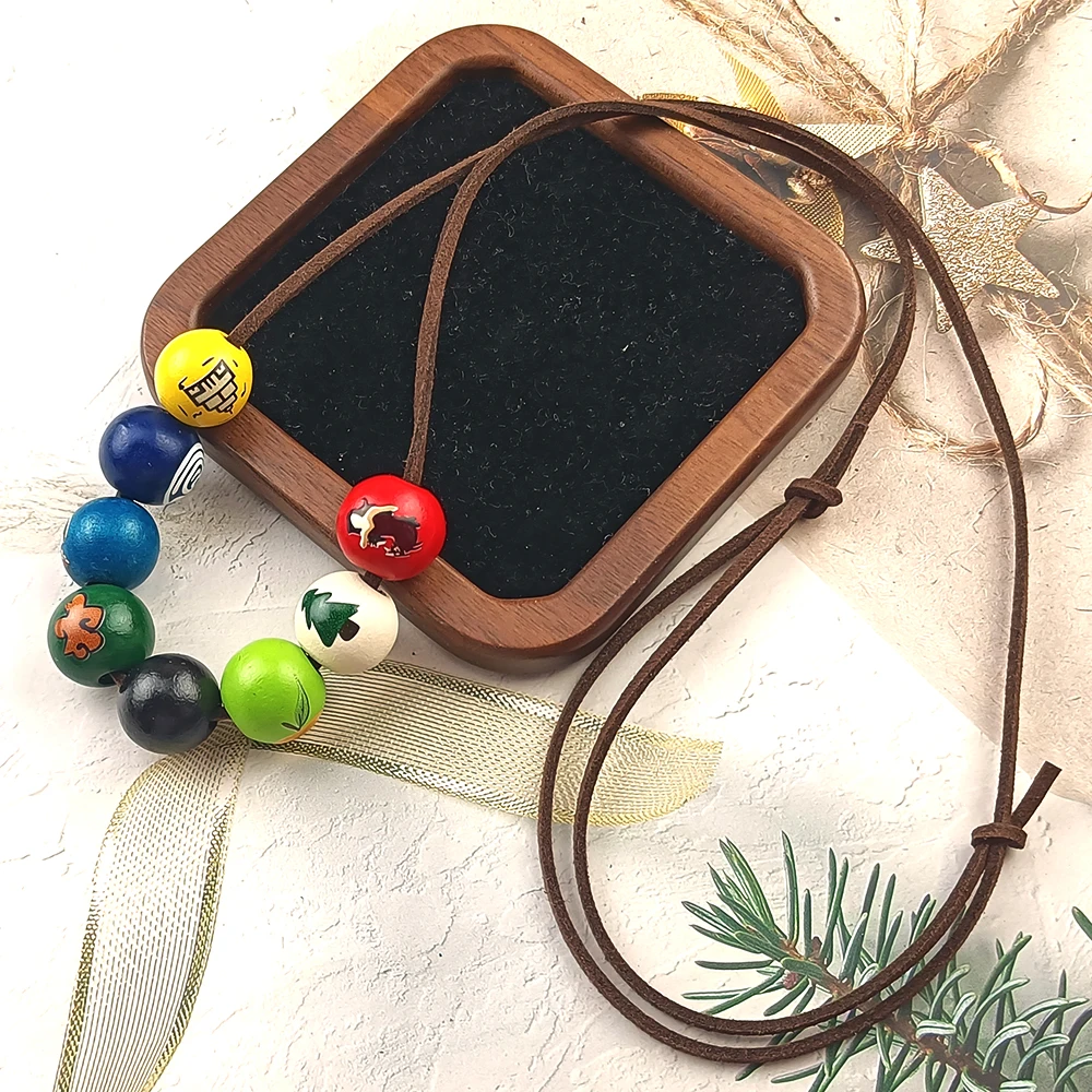 Annabeth Chase Camp Half Blood Necklace Percy Jackson Demigod Colorful Printed Wood Beads Brown Leather Rope Necklace