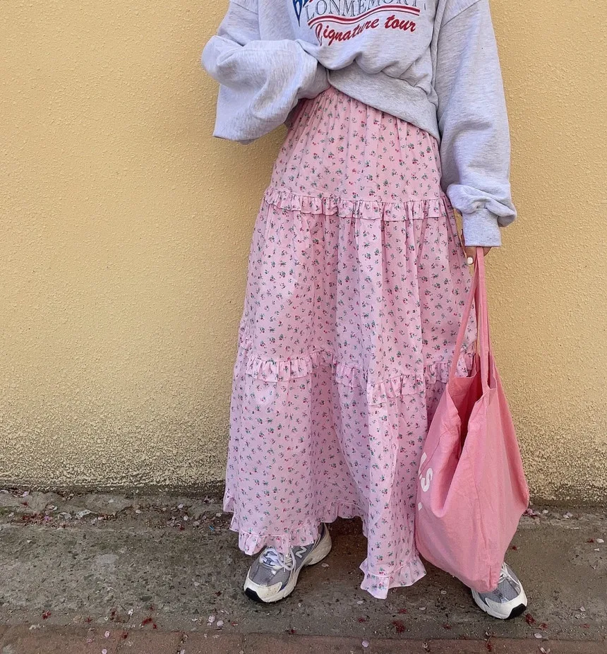 

Floral Print f-length Skirt Women's Vintage Elastic Waist Slimming Loose Flared Pleated Long Dr Trendy Cotton Material