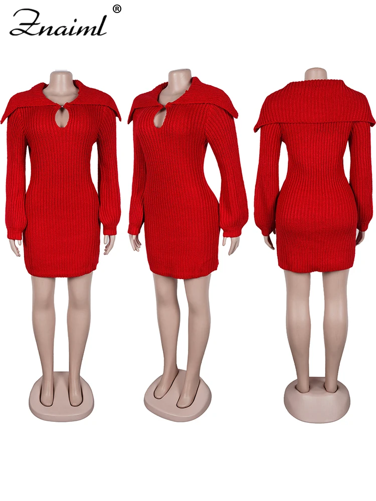 Znaiml outono inverno de lã vermelho mini vestido gola grande lanterna manga oco para fora de malha para mulheres elegantes vestidos de baile de aniversário