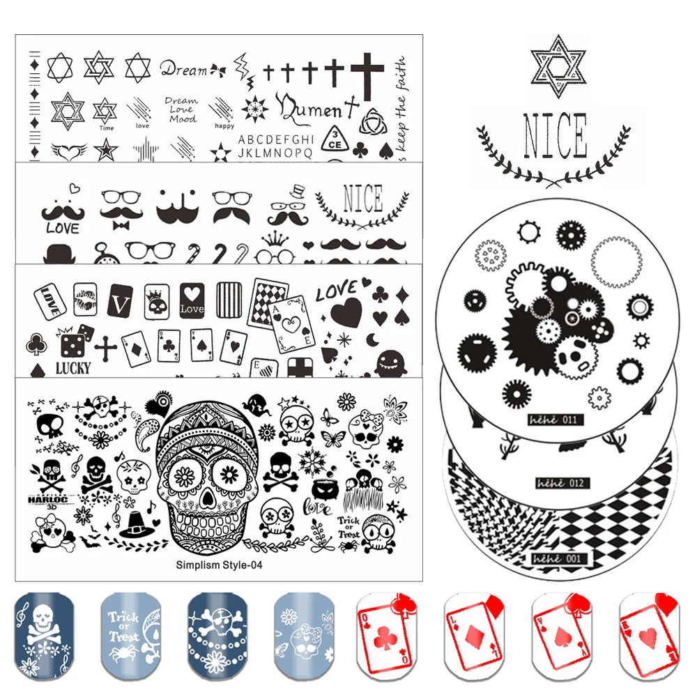 Finger Angel Cat Star Cross Design Nail Stamping Plates Feather Skull Beard Nail Stamp Templates Poker Leaf Printing Stencil