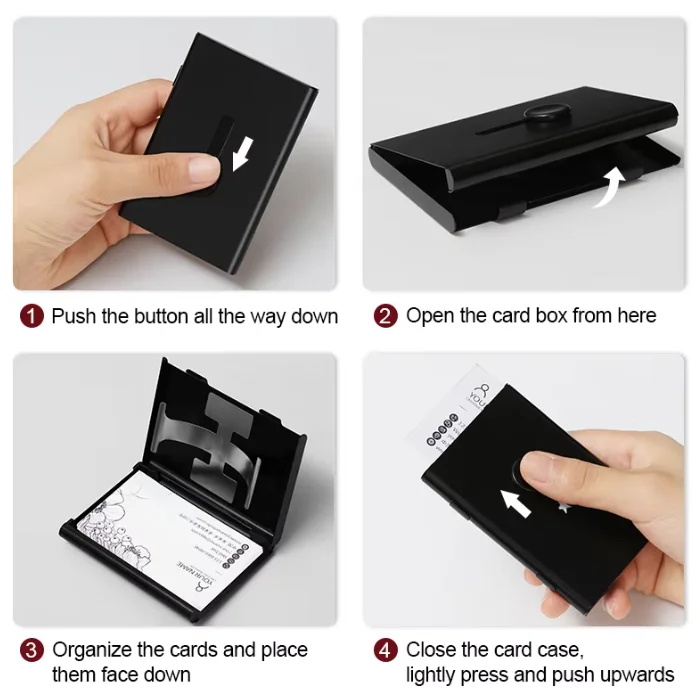 Personalizowany aluminiowy metalowy wizytownik z mechanizmem wysuwania, etui na wizytówki dla kobiet i mężczyzn.
