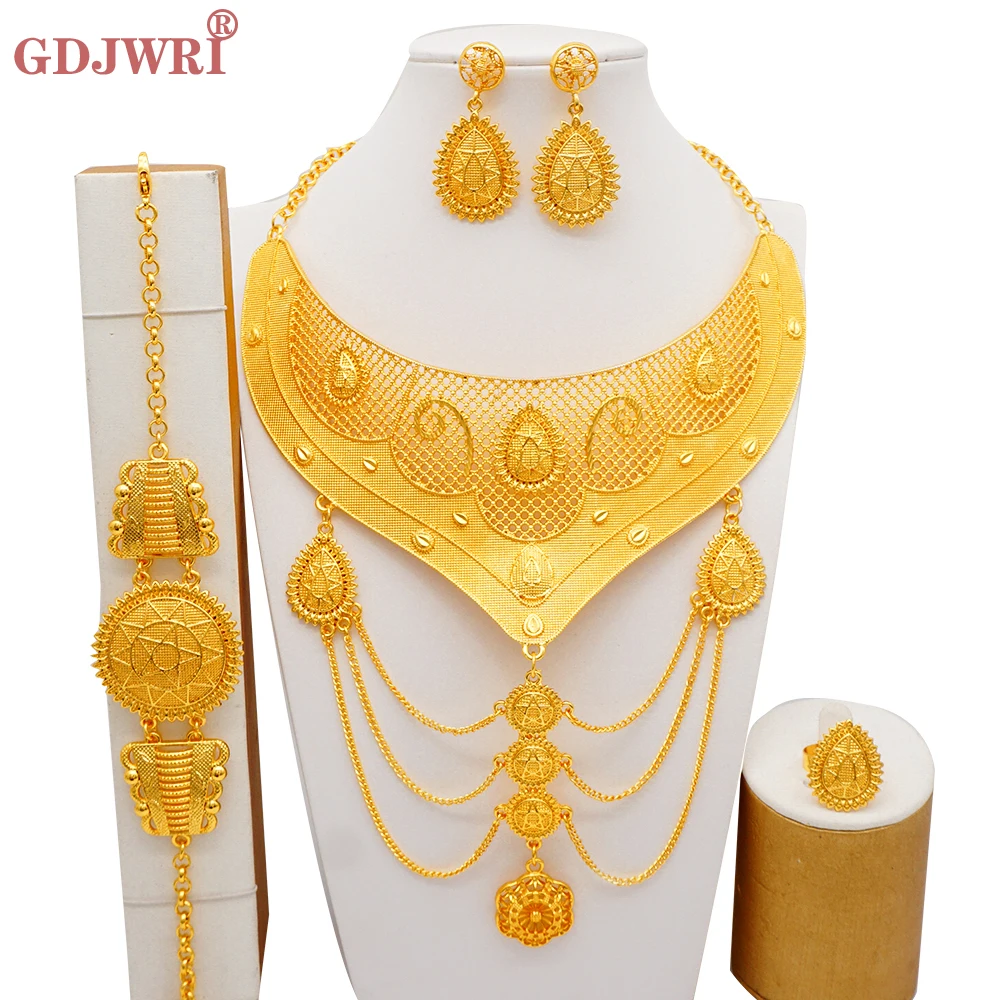 

Fine Dubai Big Unique African Gold Color Jewelry Tassel Necklace Sets For Women Bridal Wedding Trend Jewellery Set