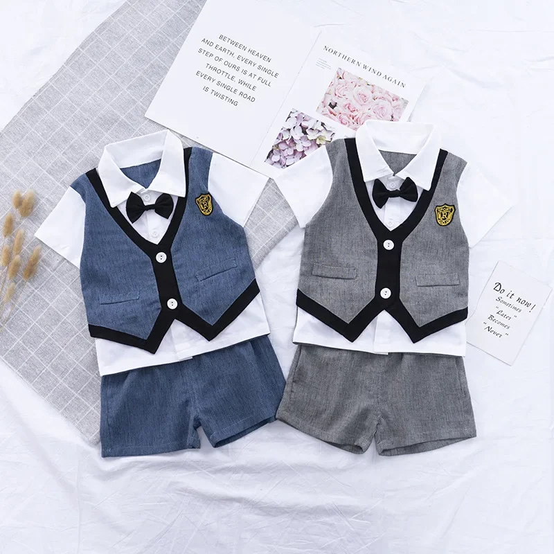 Summer Boys' Clothing Set Fashion Lapel Short Sleeve Suit Shirt + Pants 2 Pieces Children's Party Clothes