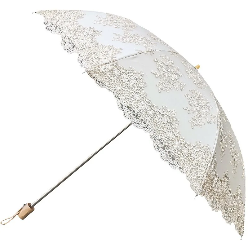 

Lace embroidery flower retro classic luxury vinyl two fold UV protection sun umbrella umbrella