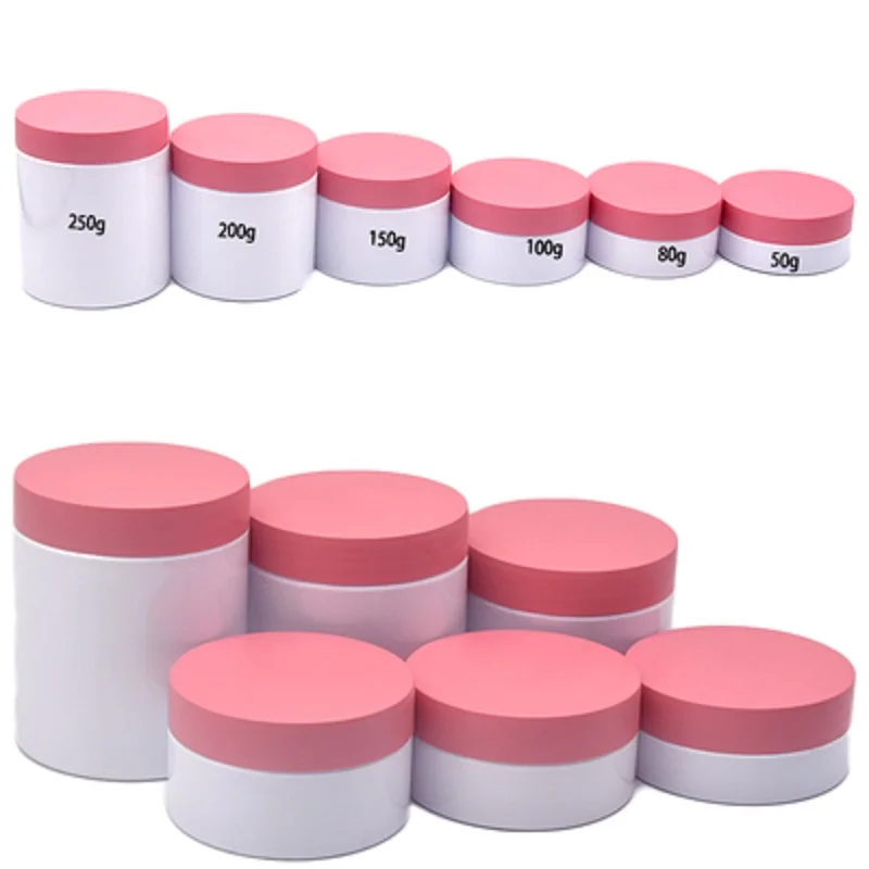 24Pcs Cream Jar White Plastic Empty Cosmetic Pink Lid 50g 80g 100g 150g 200g 250g Packaging Refillable Wide Mouth Bottles