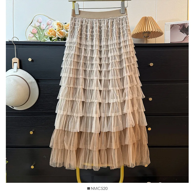 Spring Autumn Women French Elegant Tulle Skirt High Waist A Line Layered Cake Skirt Mommy Matching Outfit