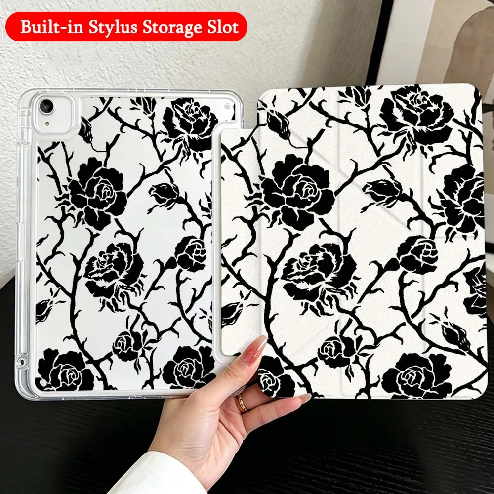 Rose Pattern Design Case For iPad Mini Pro Air 5 6 7 8 9 10th 11th 11 9.7 10.9 13 inch Transparent Y-Shaped Folding Tablet