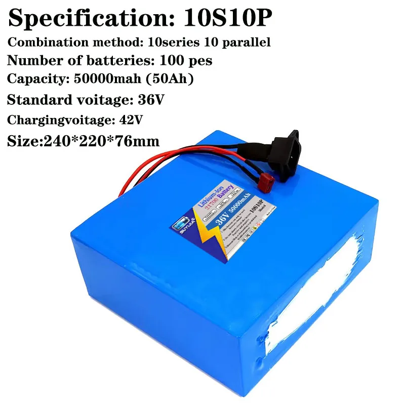 36V 50000mAh 10S10P 21700 lithium battery pack, 1800W built-in 50A BMS, suitable for various electric bicycles, etc.