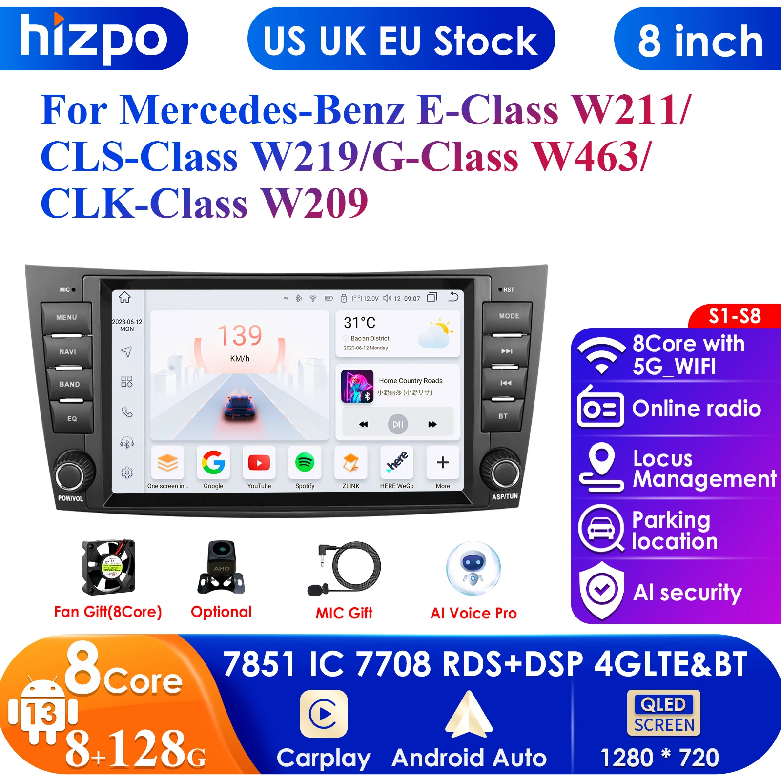 8'' 7862 2din Android 13 Car Radio Multimedia Video Player for Mercedes Benz E-Class W211 E200 E220 E300 E350 E240 E280 CLS W219